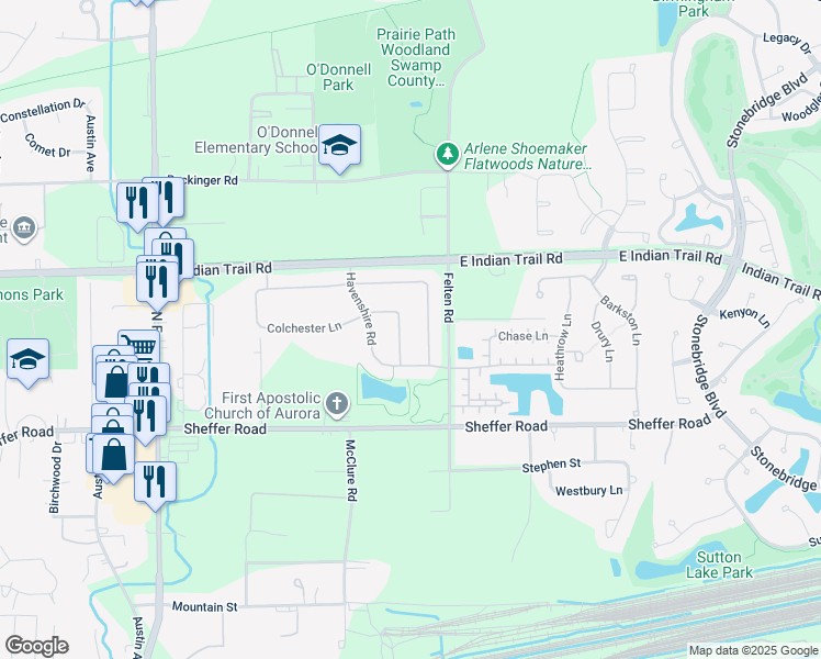 map of restaurants, bars, coffee shops, grocery stores, and more near 1167 Kingsley Lane in Aurora