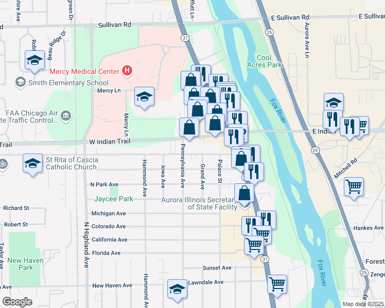 map of restaurants, bars, coffee shops, grocery stores, and more near 355 Old Indian Trail in Aurora