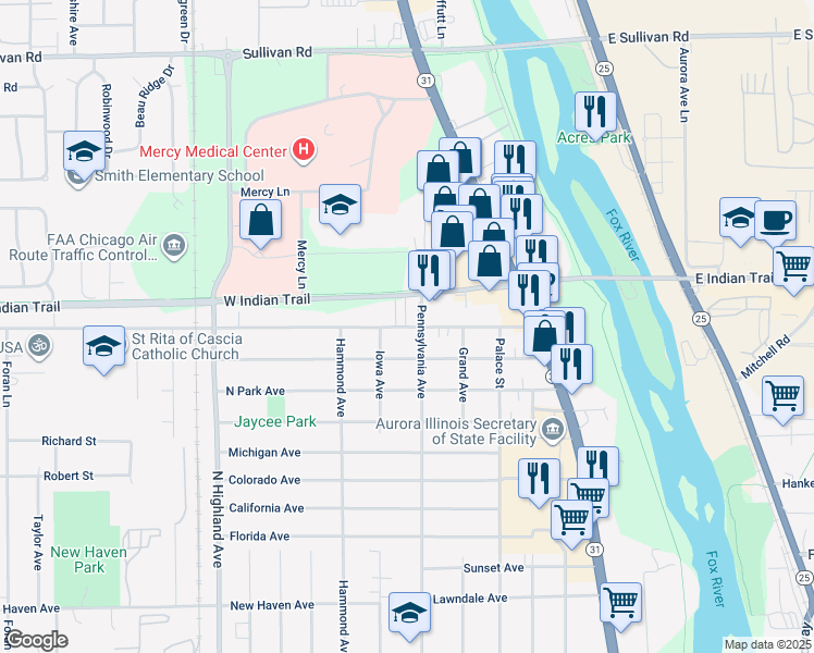 map of restaurants, bars, coffee shops, grocery stores, and more near 371 West New Indian Trail Court in Aurora