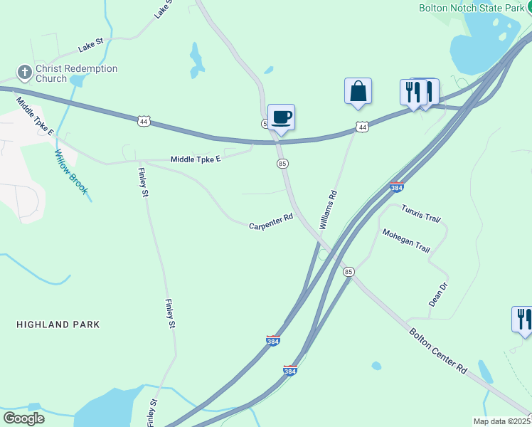 map of restaurants, bars, coffee shops, grocery stores, and more near 11 Carpenter Road in Bolton