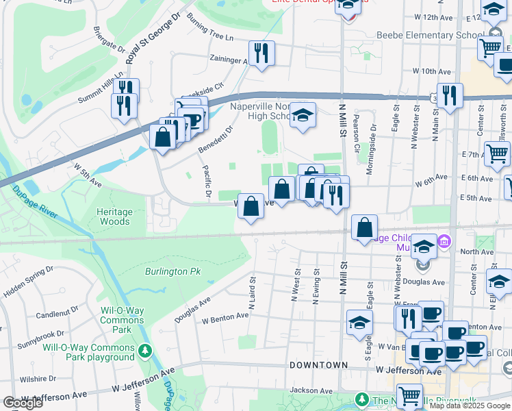 map of restaurants, bars, coffee shops, grocery stores, and more near 700 West 5th Avenue in Naperville