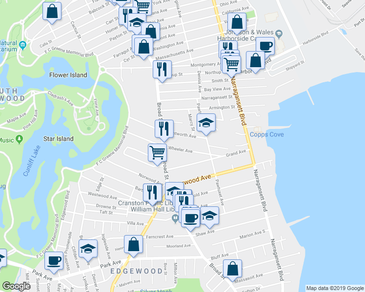 map of restaurants, bars, coffee shops, grocery stores, and more near 83 Wheeler Avenue in Cranston