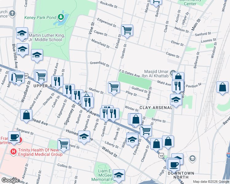 map of restaurants, bars, coffee shops, grocery stores, and more near 424 Garden Street in Hartford