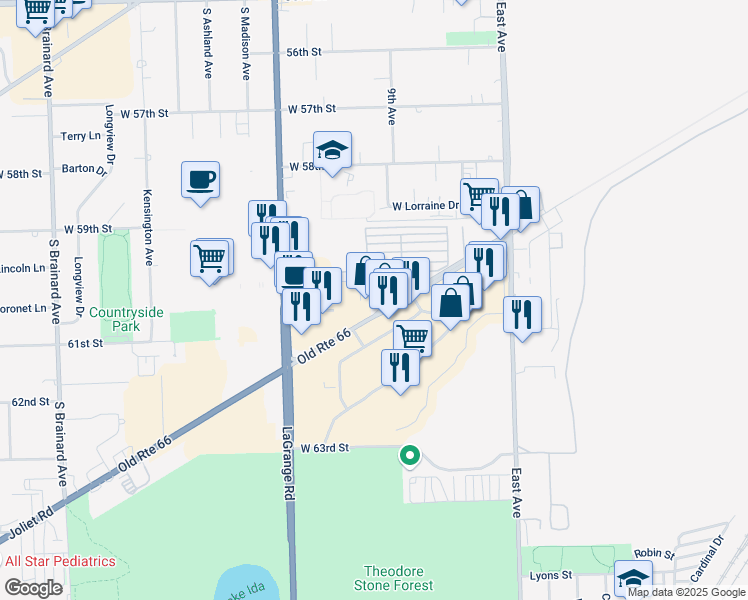 map of restaurants, bars, coffee shops, grocery stores, and more near 9850 Joliet Road in Countryside
