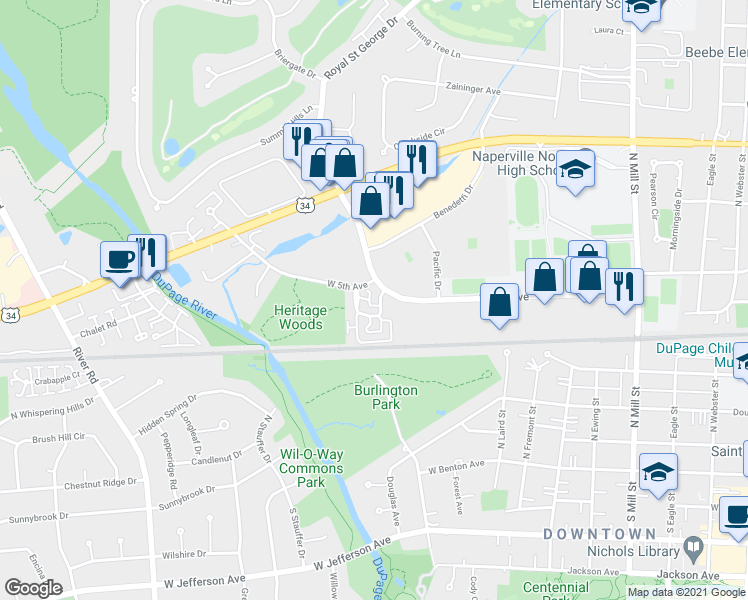map of restaurants, bars, coffee shops, grocery stores, and more near 104 Elderberry Circle in Naperville