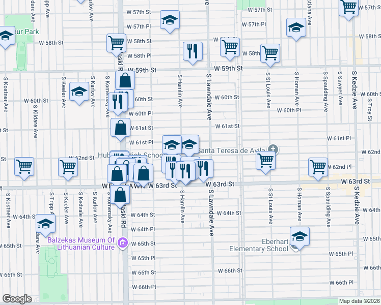 map of restaurants, bars, coffee shops, grocery stores, and more near 3742 West 62nd Street in Chicago