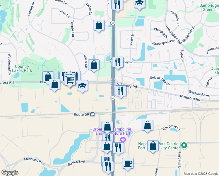 map of restaurants, bars, coffee shops, grocery stores, and more near 599 Illinois Route 59 in Naperville