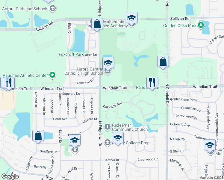 map of restaurants, bars, coffee shops, grocery stores, and more near 1752 Bridle Post Drive in Aurora