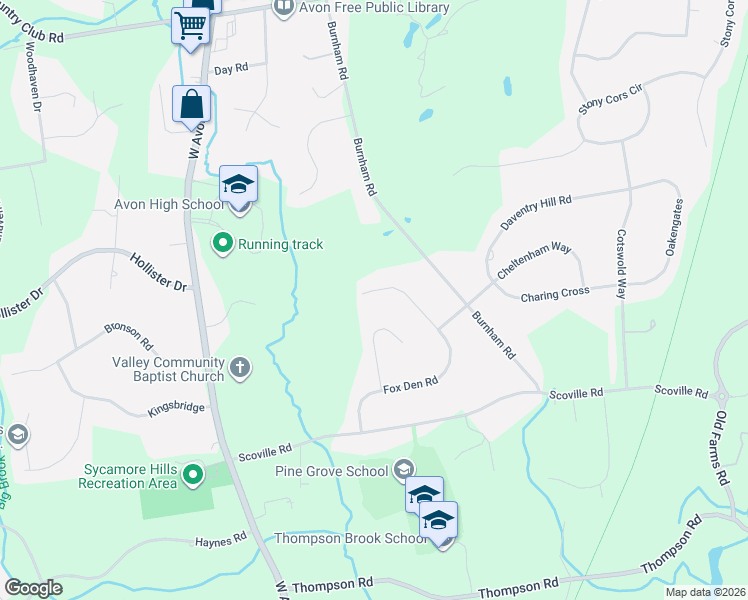 map of restaurants, bars, coffee shops, grocery stores, and more near 117 Fox Den Road in Avon