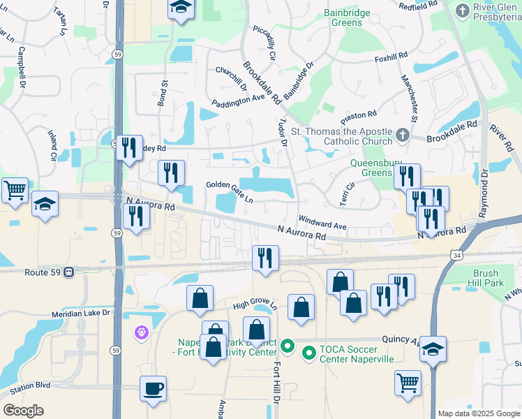 map of restaurants, bars, coffee shops, grocery stores, and more near 625 Waterview Court in Naperville