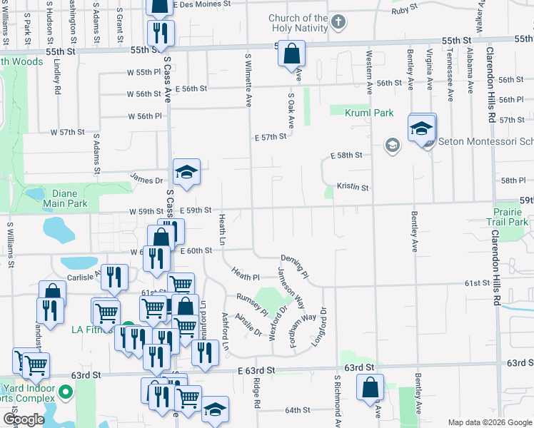map of restaurants, bars, coffee shops, grocery stores, and more near 800 Megan Court in Westmont