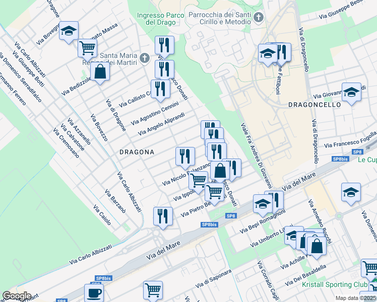 map of restaurants, bars, coffee shops, grocery stores, and more near 34 Via Enrico Verjus in Città metropolitana di Roma Capitale