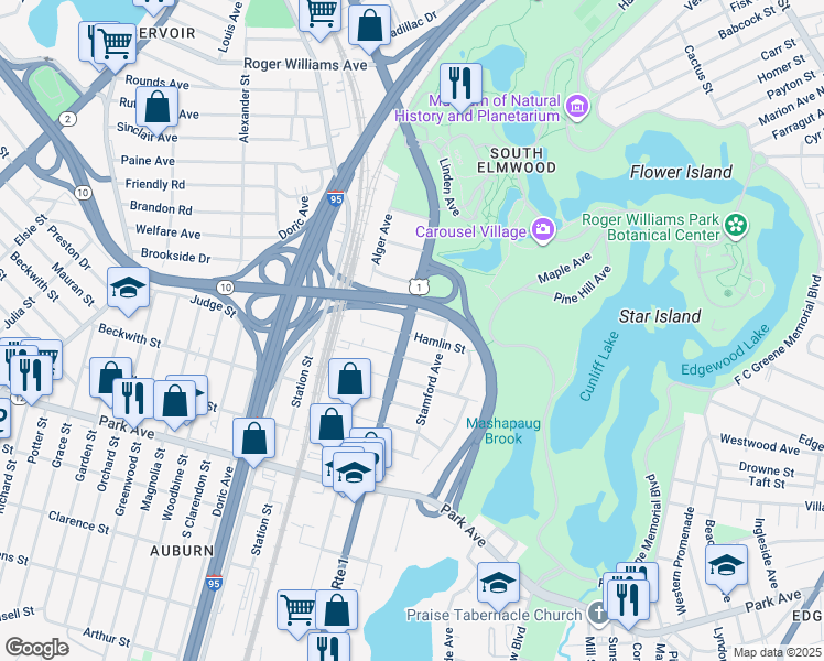map of restaurants, bars, coffee shops, grocery stores, and more near 46 McKinley Street in Providence