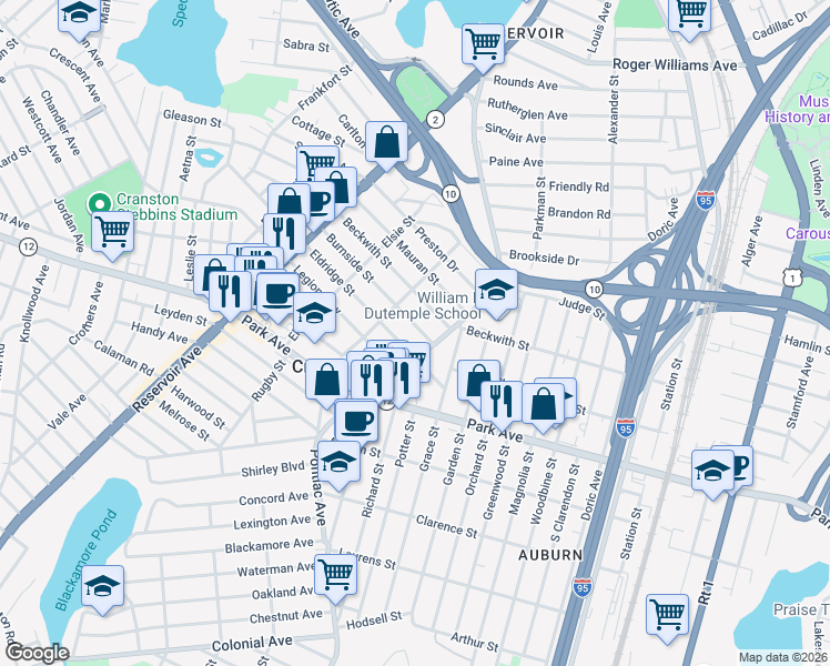 map of restaurants, bars, coffee shops, grocery stores, and more near 57 Eldridge Street in Cranston