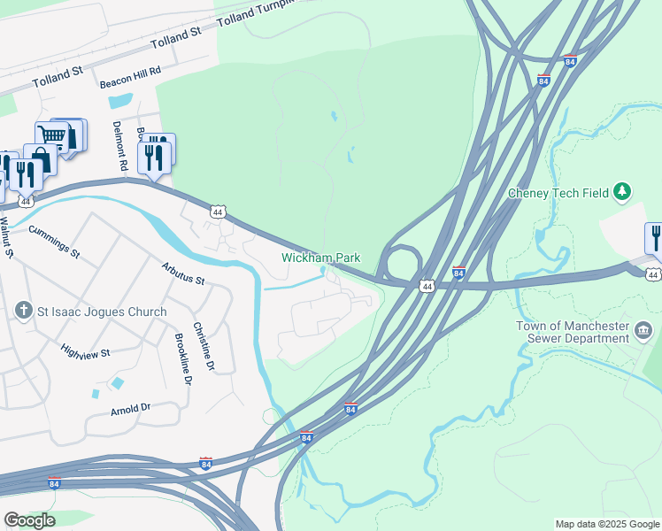 map of restaurants, bars, coffee shops, grocery stores, and more near 1 Downey Drive in Manchester