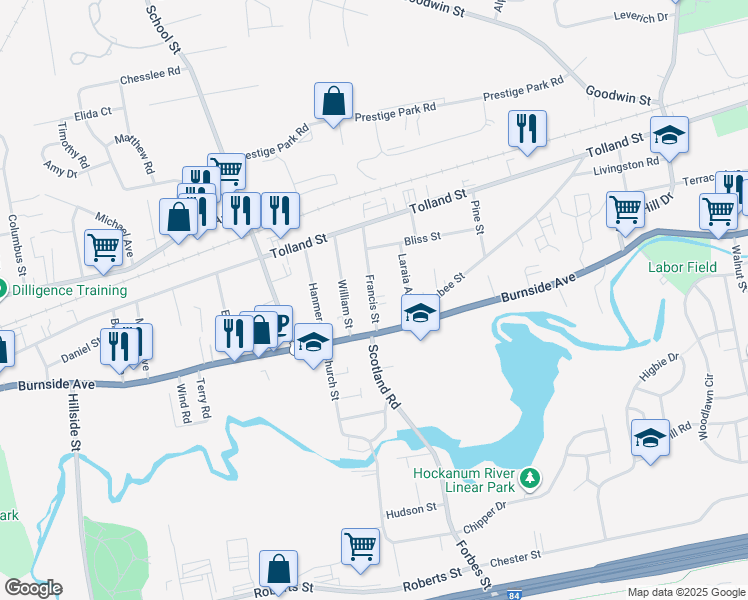 map of restaurants, bars, coffee shops, grocery stores, and more near 37 Francis Street in East Hartford