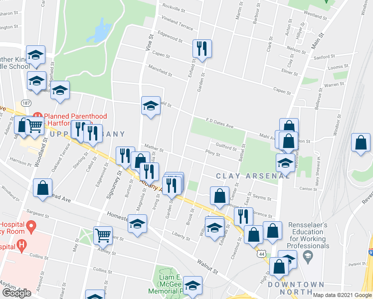 map of restaurants, bars, coffee shops, grocery stores, and more near 102 Pliny Street in Hartford
