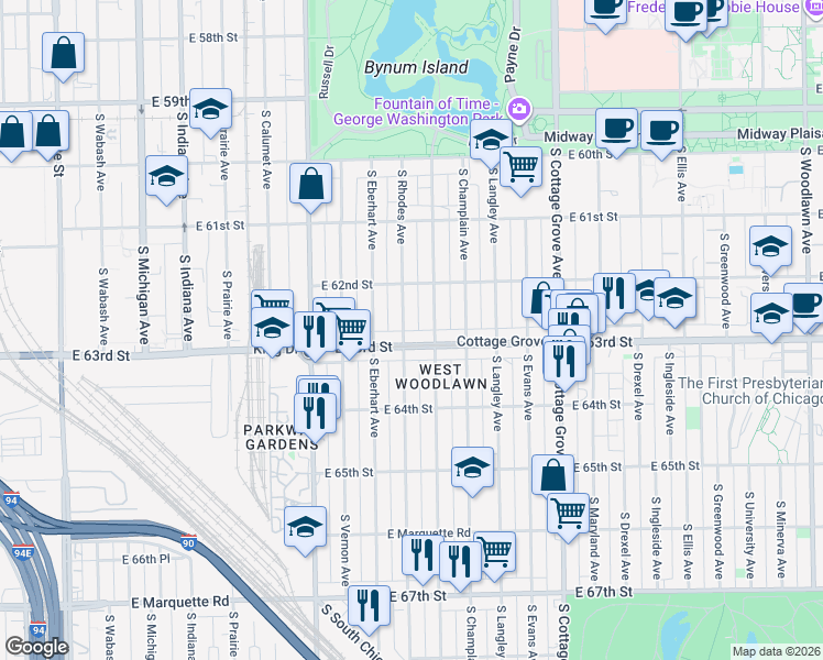 map of restaurants, bars, coffee shops, grocery stores, and more near 6233 South Rhodes Avenue in Chicago