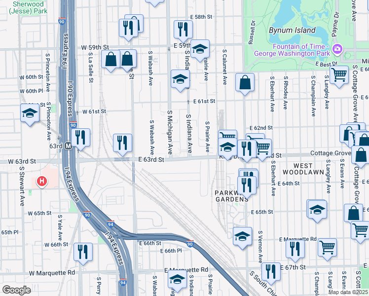 map of restaurants, bars, coffee shops, grocery stores, and more near 6230 South Indiana Avenue in Chicago