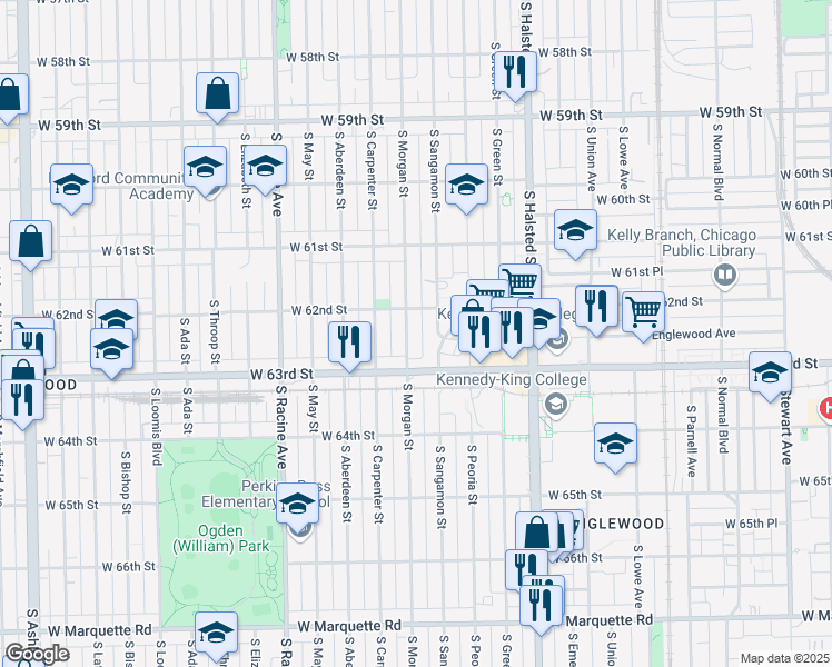 map of restaurants, bars, coffee shops, grocery stores, and more near 6213 South Morgan Street in Chicago