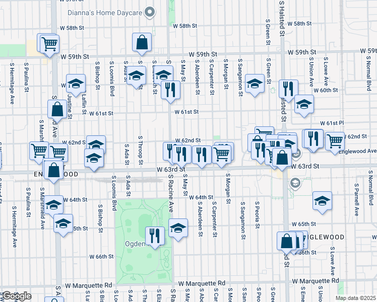 map of restaurants, bars, coffee shops, grocery stores, and more near 6214 South Aberdeen Street in Chicago