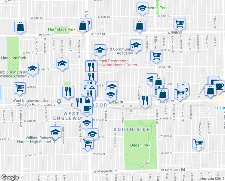 map of restaurants, bars, coffee shops, grocery stores, and more near 6214 South Bishop Street in Chicago