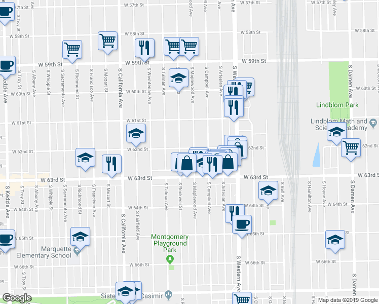 map of restaurants, bars, coffee shops, grocery stores, and more near 2519 West 62nd Street in Chicago