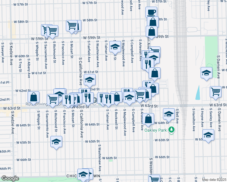 map of restaurants, bars, coffee shops, grocery stores, and more near 6159 South Rockwell Street in Chicago