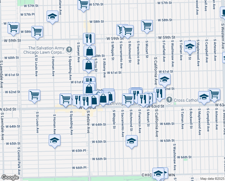 map of restaurants, bars, coffee shops, grocery stores, and more near 3008 West 62nd Street in Chicago