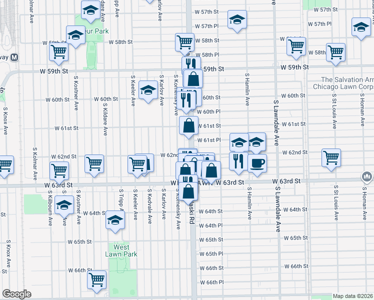 map of restaurants, bars, coffee shops, grocery stores, and more near 6142 South Pulaski Road in Chicago