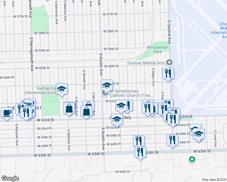 map of restaurants, bars, coffee shops, grocery stores, and more near 6116 South Mayfield Avenue in Chicago