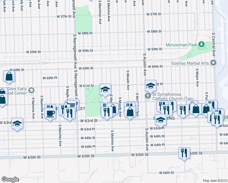 map of restaurants, bars, coffee shops, grocery stores, and more near 6112 South Moody Avenue in Chicago