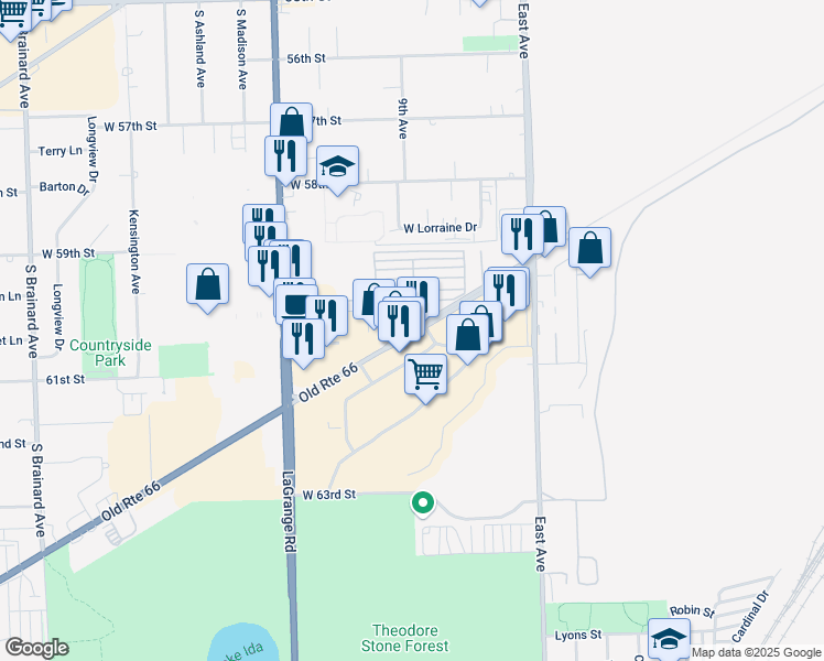 map of restaurants, bars, coffee shops, grocery stores, and more near 9850 Joliet Road in Countryside