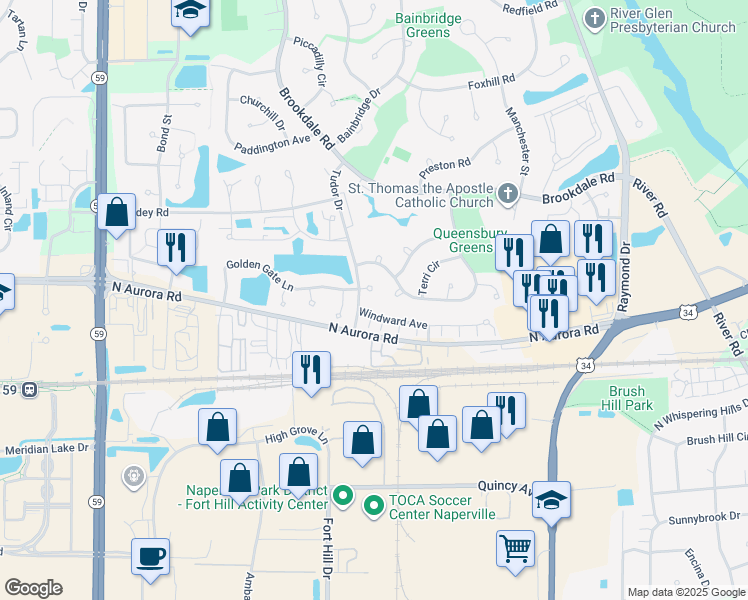 map of restaurants, bars, coffee shops, grocery stores, and more near 1694 Lisa Court in Naperville
