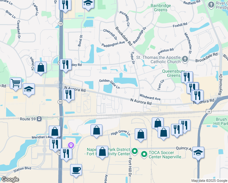 map of restaurants, bars, coffee shops, grocery stores, and more near 619 Esla Court in Naperville