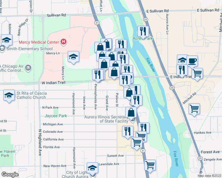 map of restaurants, bars, coffee shops, grocery stores, and more near 333 Old Indian Trail in Aurora