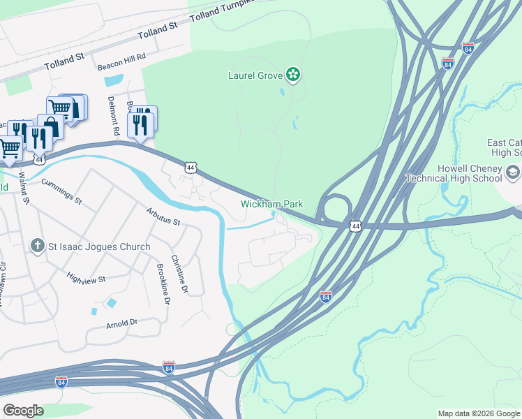 map of restaurants, bars, coffee shops, grocery stores, and more near 1176 Middle Turnpike West in Manchester