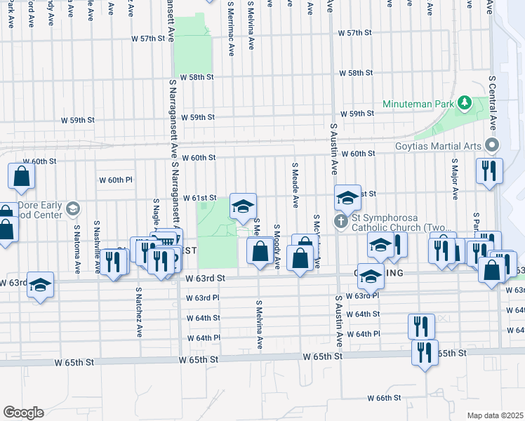 map of restaurants, bars, coffee shops, grocery stores, and more near 6112 South Moody Avenue in Chicago