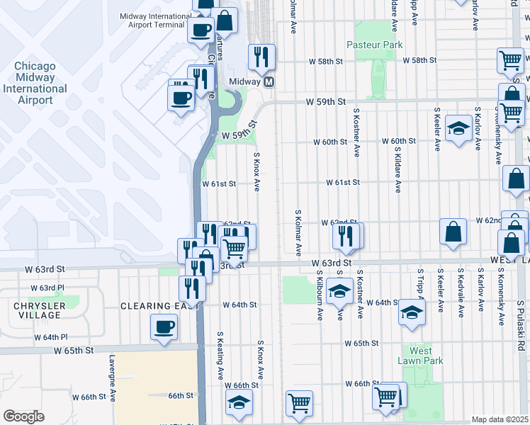 map of restaurants, bars, coffee shops, grocery stores, and more near 6139 South Knox Avenue in Chicago