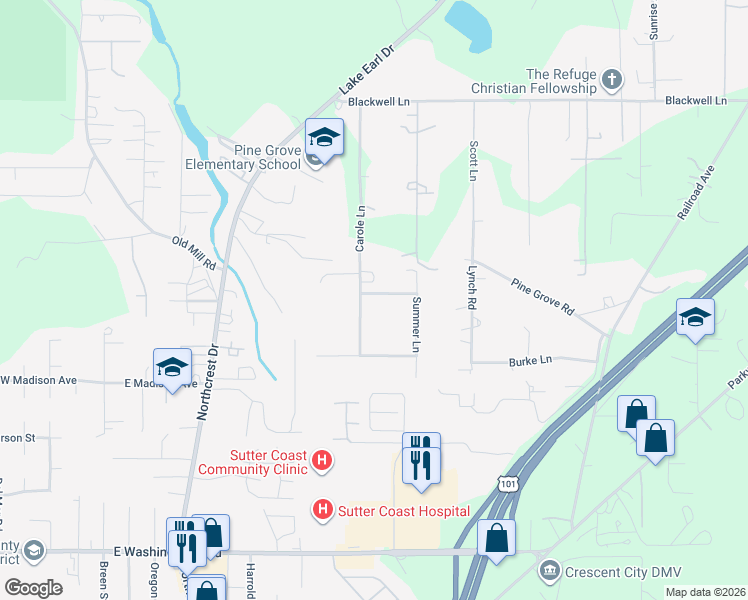 map of restaurants, bars, coffee shops, grocery stores, and more near 915 Monopoly Road in Crescent City