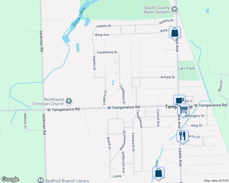 map of restaurants, bars, coffee shops, grocery stores, and more near 1345 Logans Run in Temperance