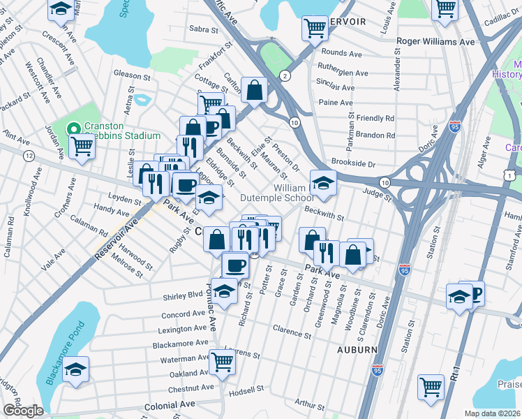 map of restaurants, bars, coffee shops, grocery stores, and more near 57 Eldridge Street in Cranston