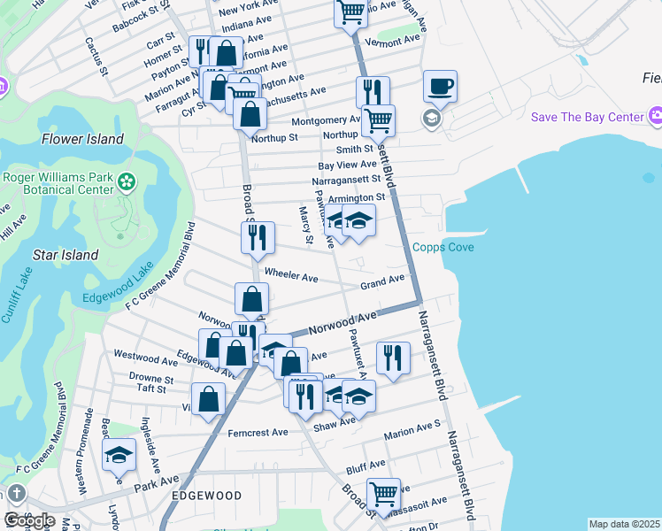 map of restaurants, bars, coffee shops, grocery stores, and more near 169 Pawtuxet Avenue in Cranston
