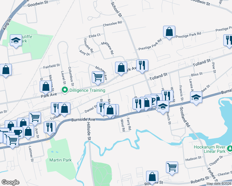 map of restaurants, bars, coffee shops, grocery stores, and more near 411 Tolland Street in East Hartford
