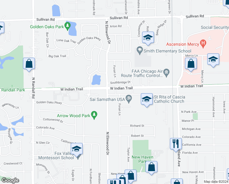 map of restaurants, bars, coffee shops, grocery stores, and more near 971 Old Indian Trail in Aurora