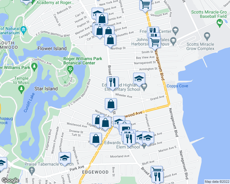map of restaurants, bars, coffee shops, grocery stores, and more near 111 Wheeler Avenue in Cranston