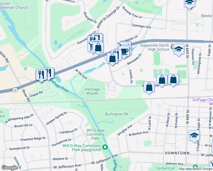 map of restaurants, bars, coffee shops, grocery stores, and more near 963 Elderberry Circle in Naperville