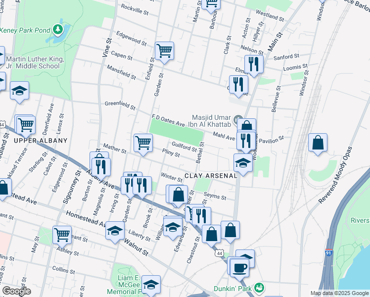 map of restaurants, bars, coffee shops, grocery stores, and more near 34 Guilford Street in Hartford