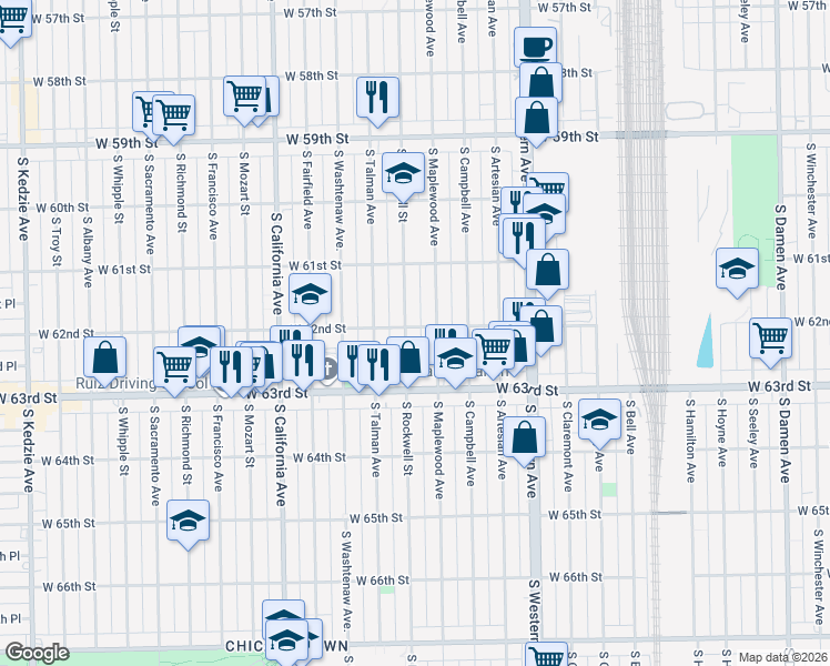 map of restaurants, bars, coffee shops, grocery stores, and more near 6201 South Rockwell Street in Chicago