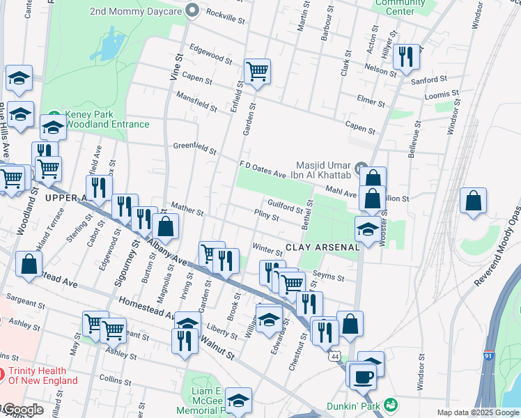 map of restaurants, bars, coffee shops, grocery stores, and more near 175 Brook St in Hartford